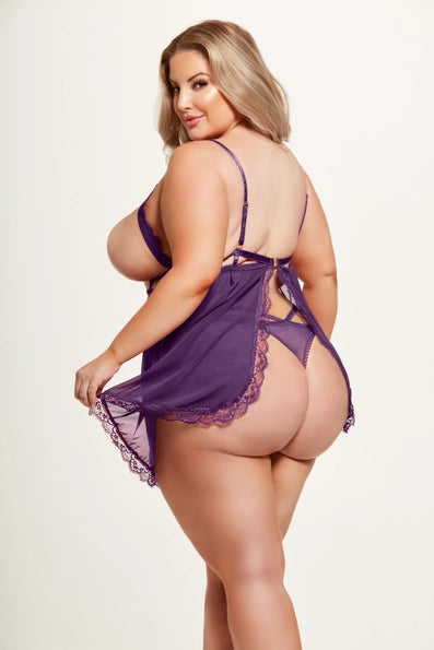 Bianca Lace & Mesh Open Cup Babydoll & Tie Side Thong Set