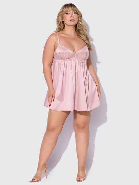 Brigeta Satin & Mesh Corsetted Babydoll & G-String Set