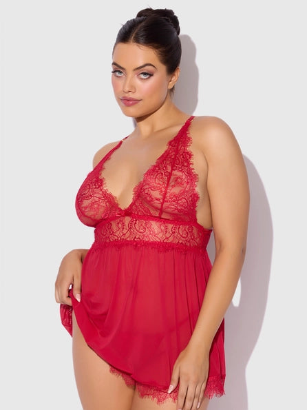 Mila Eyelash Lace & Mesh Babydoll & G-String Set