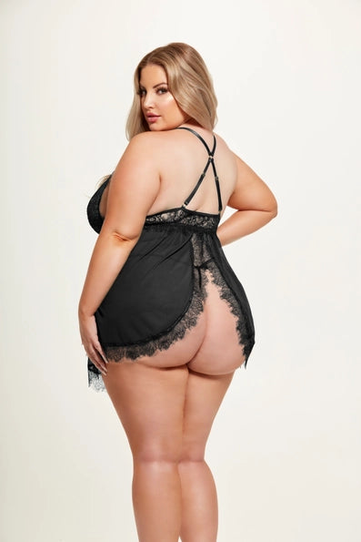 Mila Eyelash Lace & Mesh Babydoll & G-String Set