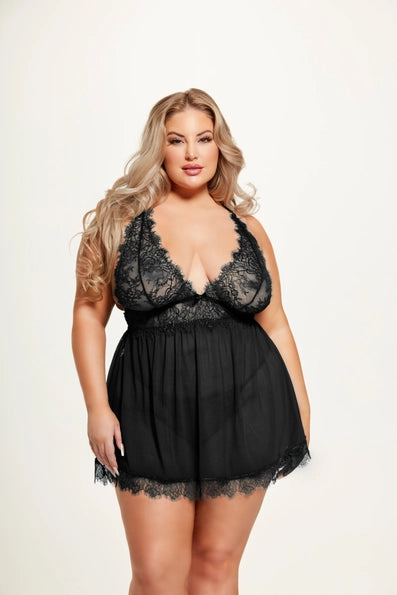 Mila Eyelash Lace & Mesh Babydoll & G-String Set